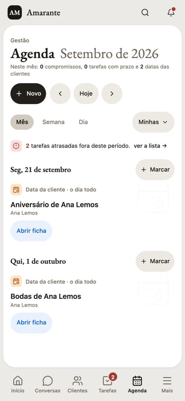 A agenda do Aurex no celular, com os lembretes das datas das clientes