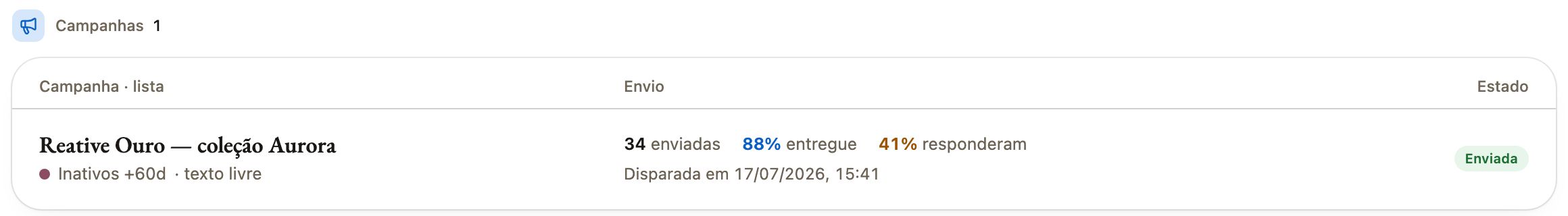 Cada campanha com o resultado: enviadas, entregues e quem respondeu.