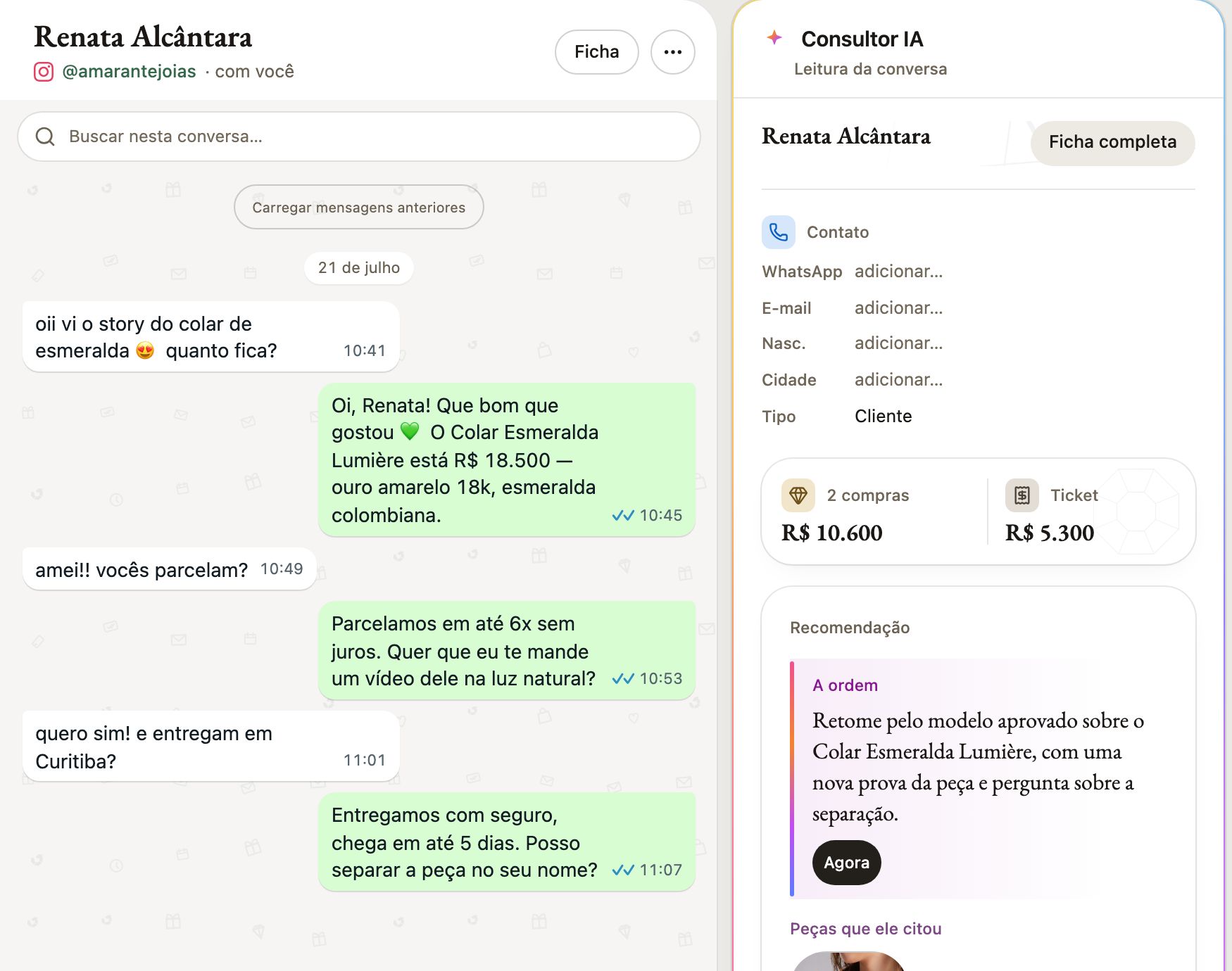 A conversa com a ficha do lado. O Consultor lê a conversa e sugere a próxima ação.