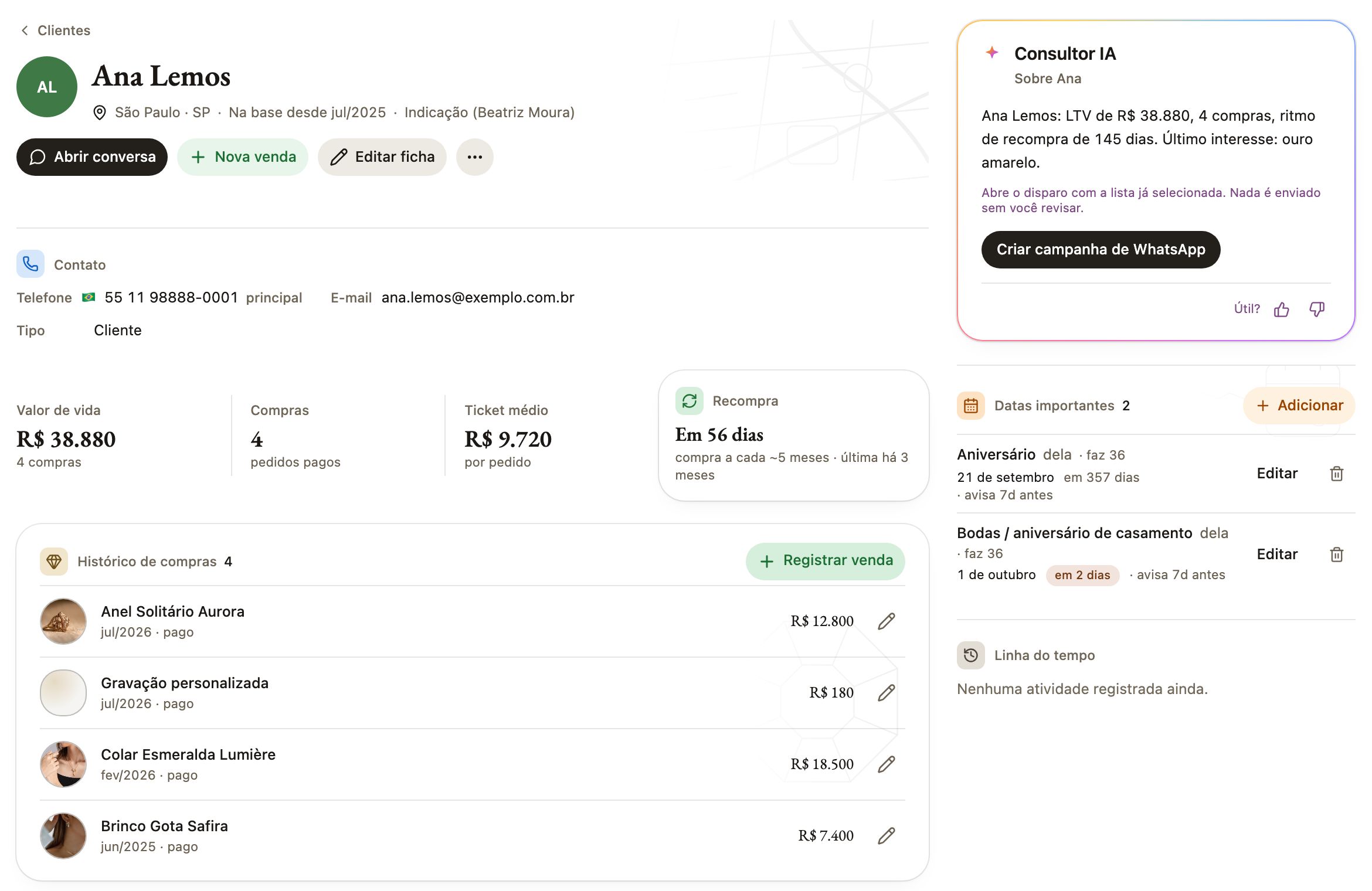 A ficha de uma cliente no Aurex: valor de vida, compras, datas importantes e a leitura do Consultor IA