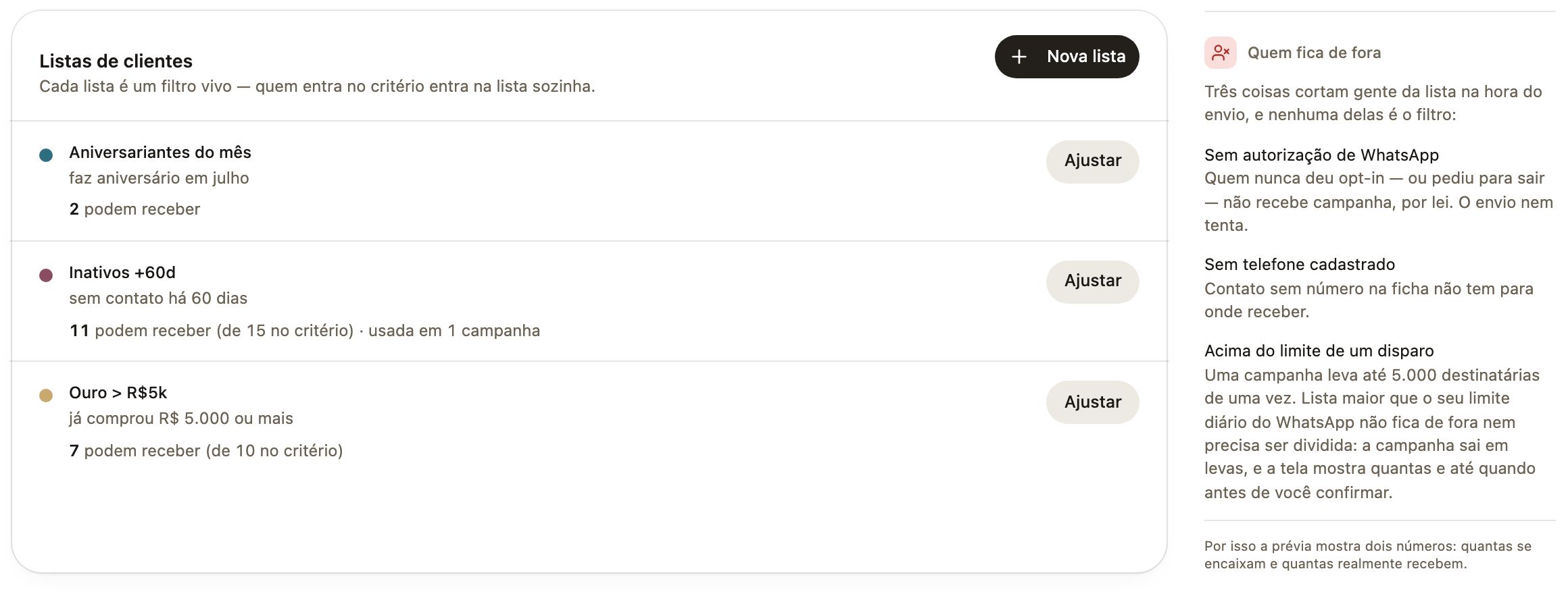 As listas saem da ficha e se atualizam sozinhas.
