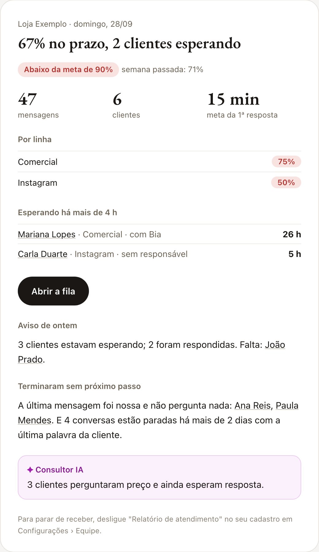 O relatório diário de atendimento que o Aurex manda por e-mail para a dona