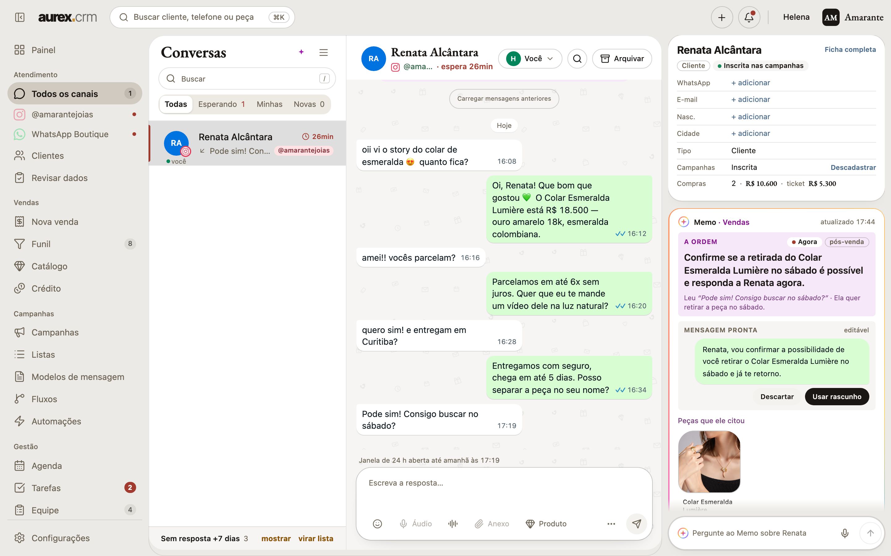 A caixa de conversas do Aurex: Instagram e WhatsApp juntos, a conversa aberta e o Memo ao lado com a próxima ação