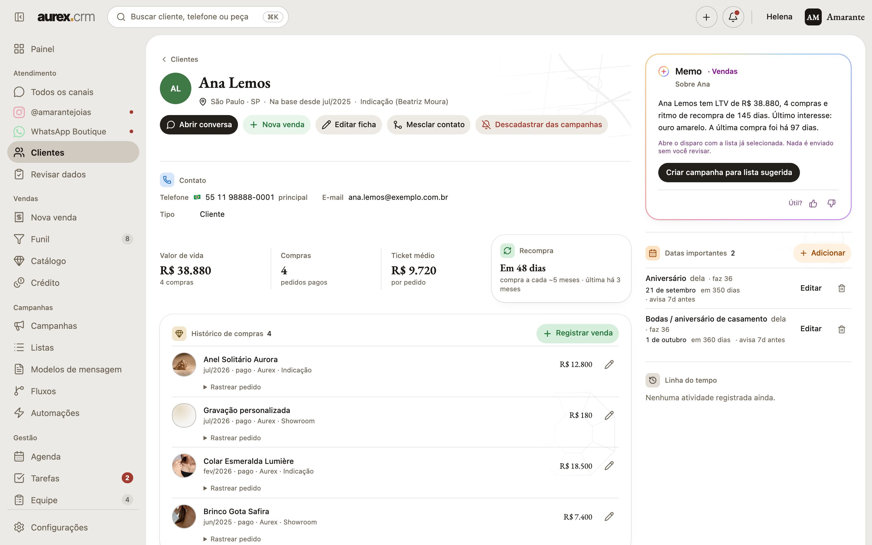 Ficha de cliente no Aurex com compras, datas e o Memo