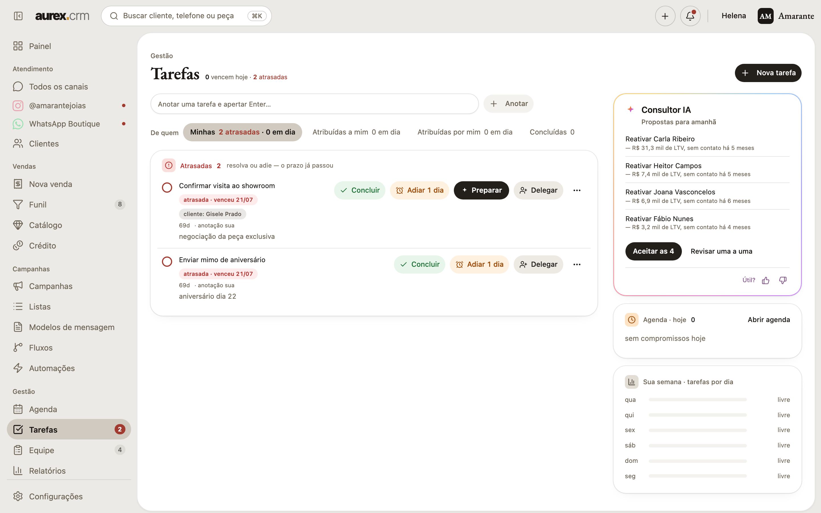 Tarefas do Aurex com as atrasadas em destaque e as propostas do Consultor IA para amanhã